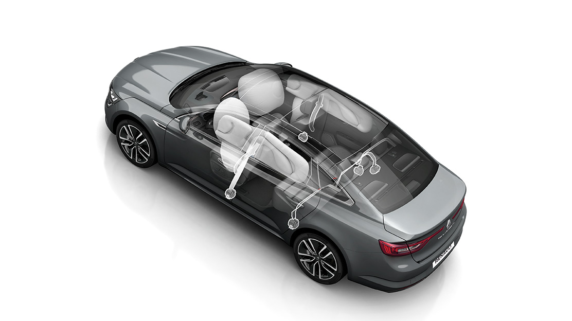 Airbags de cortina (dianteiro e traseiro) para protecção de cabeça/tórax num embate lateral